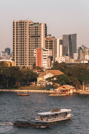 Boats on the Chao Phraya River in Bangkok, Thailandのeditorial素材