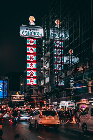 Neons signs at night in Chinatown, Bangkok, Thailandのeditorial素材