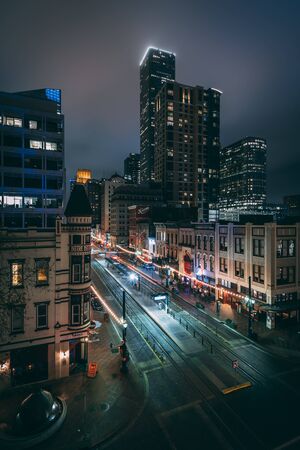 Main Street at night, in downtown Houston, Texasのeditorial素材