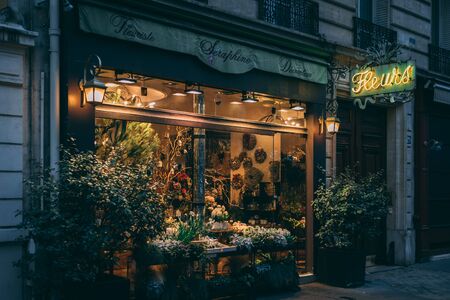 A flower shop with neon sign in Paris, Franceのeditorial素材