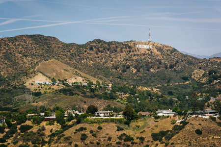 View of hills and the Hollywood Sign from  Mulholland Drive in Los Angeles, California.のeditorial素材