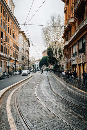 Tram tracks on Via Arenula, in Rome, Italy.のeditorial素材