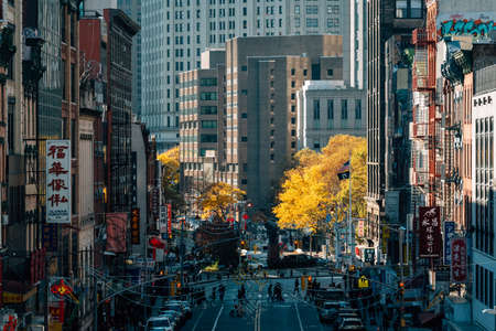 View of autumn color in Chinatown, from the Manhattan Bridge, in New York Cityのeditorial素材
