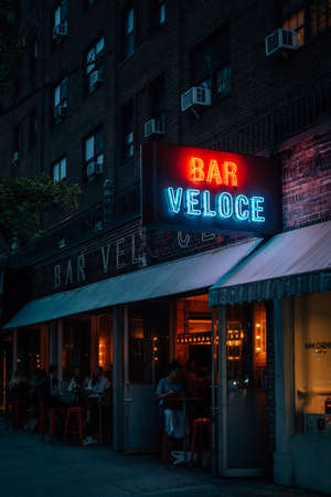 Bar Veloce neon sign, in East Village, Manhattan, New York Cityのeditorial素材