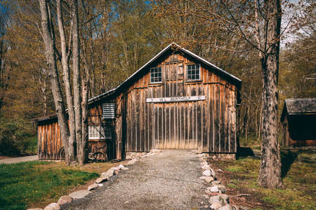A wooden barn in the woods, Millbrook Village historic site, Delaware Water Gap, New Jerseyの写真素材