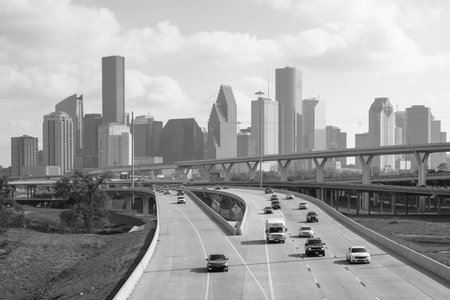 Interstate 45 and the Houston skyline, in Houston, Texasの写真素材