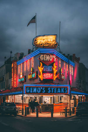 Genos Steaks at night, in Passyunk Square, Philadelphia, Pennsylvaniaの写真素材