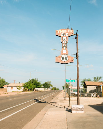 Old Route 66 sign in Winslow, Arizonaの写真素材