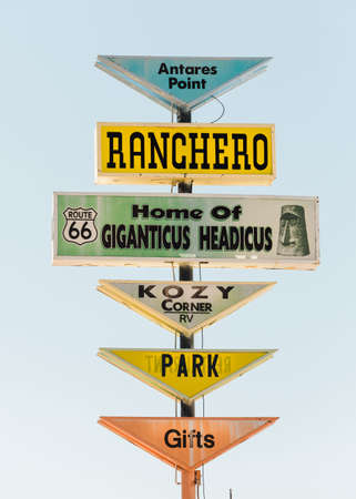 Signs at Antares Point, on Route 66 near Kingman, Arizonaの写真素材