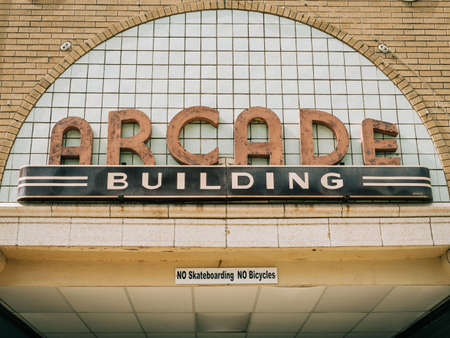 Arcade Building sign in Lincoln, a town on Route 66 in Illinoisの写真素材