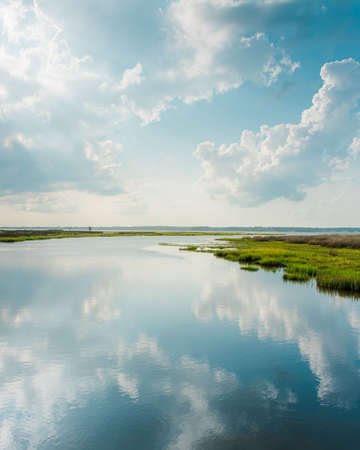 Reflections in wetlands at Assateague Island National Seashore, Marylandの写真素材