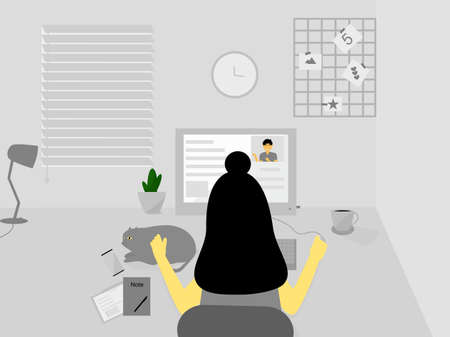 Flat design women sit on the desk working at home, meeting Video call online, learning online on computer screen, home office interior design, work from home concept, self-isolate pandemic stay homeのイラスト素材