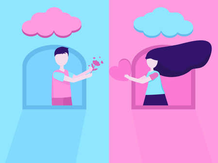Flat design love hearts Valentineâs Day in blue and pink colorful, couple man and women give flowers and hearts each other by the windows, lovely people sweet moments, send love and happy characterのイラスト素材