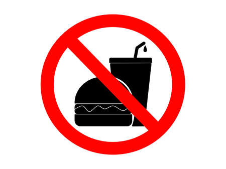 Flat design red round Black sign no food or drink arrowed, vector illustration drawn the rule no food and drink allowed, restriction prohibition sign and symbol isolated in white backgroundのイラスト素材