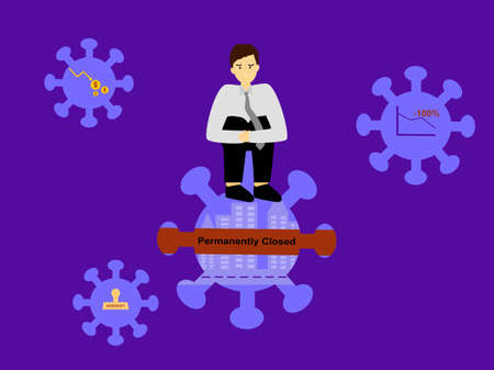 Flat design man sit on top covid-19 with sad face, impact economy from coronavirus, after pandemic virus impact to business company loses, business permanently closed from covid-19のイラスト素材