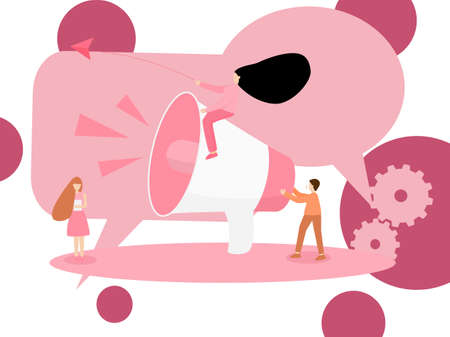 Women and man use loudspeaker to communication order, conversation talk digital marketing media, announced voice symbol commercial community, business teamwork connections talking communicationのイラスト素材