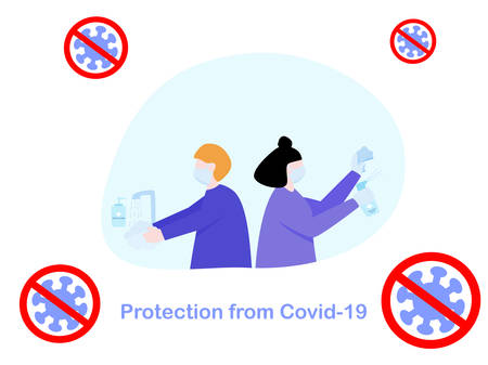 Flat design people cleaning sanitiser spray and washing hand by hand wash soap, protection from coronavirus or covid-19, group of people avoid from coronavirus by hygiene, fighting against healthcareのイラスト素材