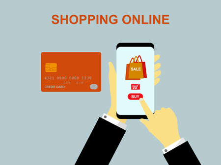 Flat design hand holding smartphone purchases order product sale and make a pay, shopping online by mobile phone internet, digital marketing store buy online shopping service, credit card paymentsのイラスト素材