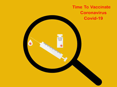 Flat design search icon with hypodermic syringe medical vaccine, prevention coronavirus or covid-19 injection vaccine dose, text time to vaccinate coronavirus or covid-19, science medical healthcareのイラスト素材