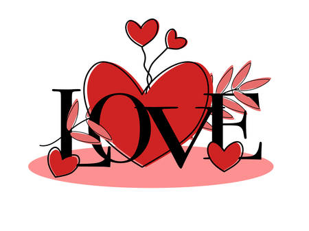Font love with drawing red color hearts shape pattern, text love simple line art outline stroke, letter lover decoration romantic hand drawn isolated background, card design romantic Valentineâs Dayのイラスト素材