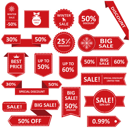 Sale Label collection. Sale icons. Sale tags. Sale and Discount red ribbons, banners and icons. Shopping Tags.のイラスト素材