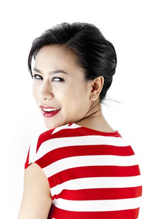 Portrait of young asian woman in red stripes dressの写真素材