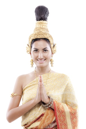 Close-up of thai woman greets on a thai costumeの写真素材
