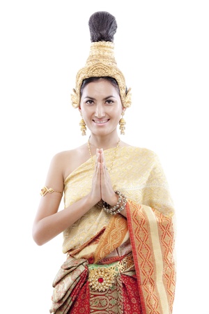 Close-up of thai woman greets on a thai costumeの写真素材