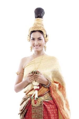 Close-up of thai woman greets on a thai costumeの写真素材