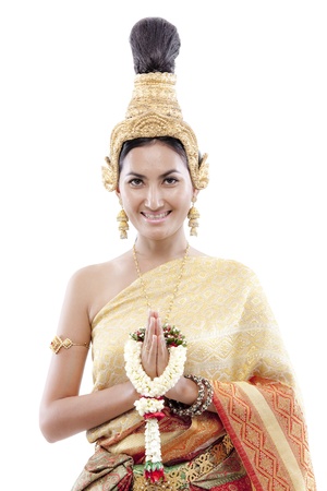 Close-up of thai woman greets on a thai costume の写真素材