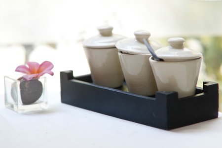 Porcelain sauce containers with lidsの写真素材