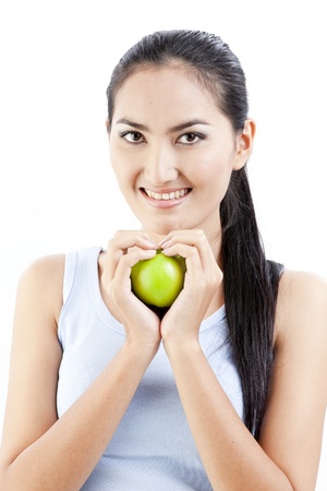 Beautiful asian lady holding a green apple の写真素材