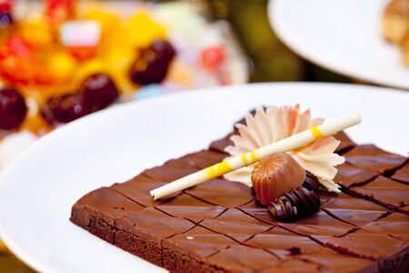 Delicious chocolate cake served at wedding receptionの写真素材