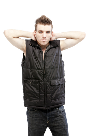 Handsome male in black jacketの写真素材