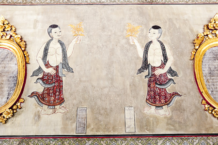 Thai style illustration on temple wallのeditorial素材