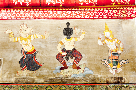 Thai style illustration on temple wallのeditorial素材