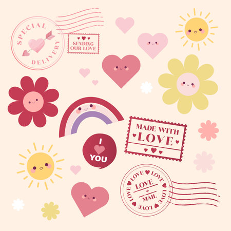 Valentine's day set with cute elements. Vector illustration.のイラスト素材
