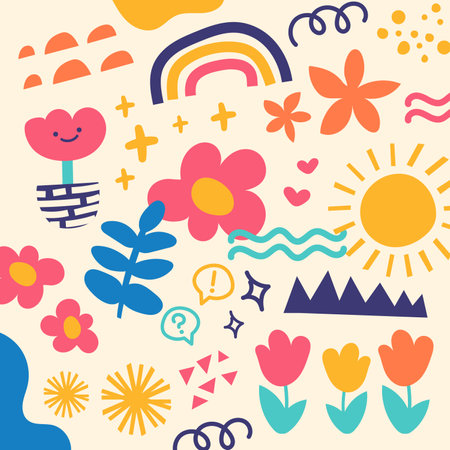 Seamless pattern with flowers, sun, rainbows and other elementsのイラスト素材
