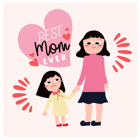 Mothers day greeting card with cute cartoon mom and daughter. Vector illustrationのイラスト素材