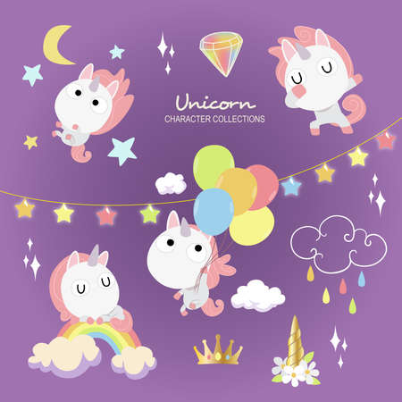 various of unicorns character design with clouds balloon and rainbow rainのイラスト素材