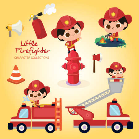 Little firefighter wearing firefighter costumeのイラスト素材