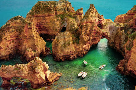 Rocky picturesque coast in the Algarve, Portugalの写真素材