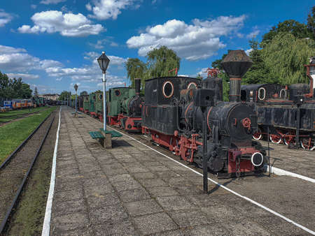 Sochaczew, mazowieckie / Poland - 07.05.2020. Old steam engine locomotives on narrow gauge tracks in the open air museumのeditorial素材