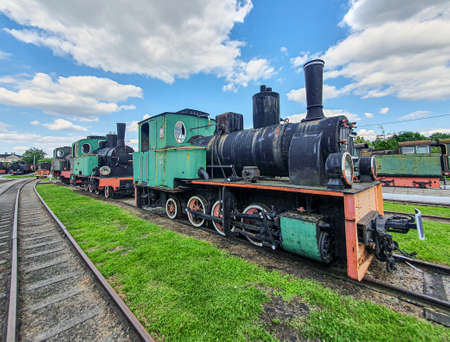 Sochaczew, mazowieckie / Poland - 07.05.2020. Old steam engine locomotives on narrow gauge tracks in the open air museumのeditorial素材