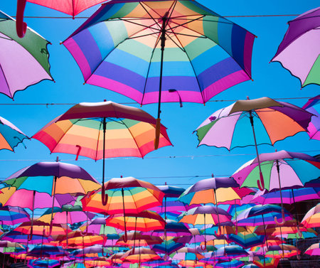 Colorful umbrellas in the street of Lisbon, Portugal.の写真素材
