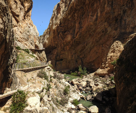 El Caminito del Rey a pathway along the walls of a gorge in El Chorro, near MÃ¡laga, Spainの写真素材