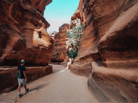 Hike to the Wadi Rum canyon in Jordan, Middle Eastの写真素材
