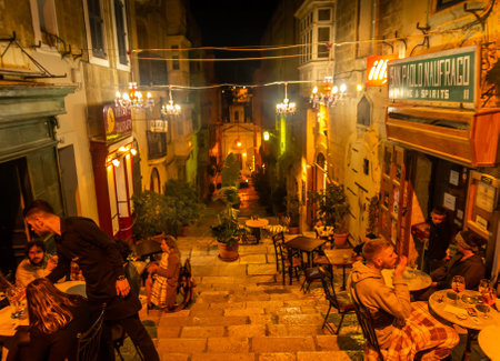 Night view of the streets of La Valleta, Maltaの写真素材
