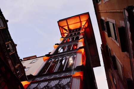 Santa Justa Lift in Lisbon, illuminated in the night.