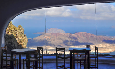 View of the Graciosa island through a window on Lanzaroteの写真素材